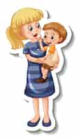 Free vector a sticker template with a mother holding her son