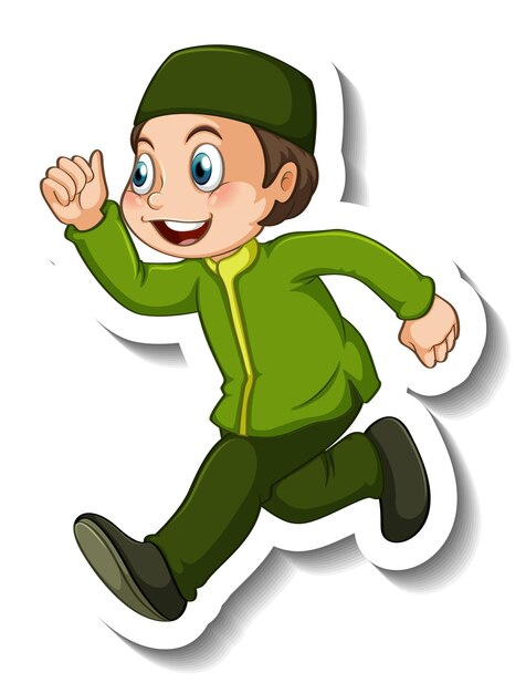 Sticker template with a muslim boy cartoon character isolated