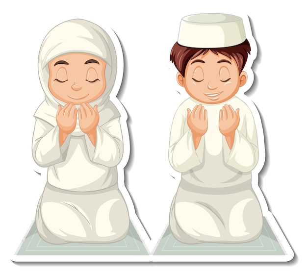 Free Vector a sticker template with muslim boy and girl praying