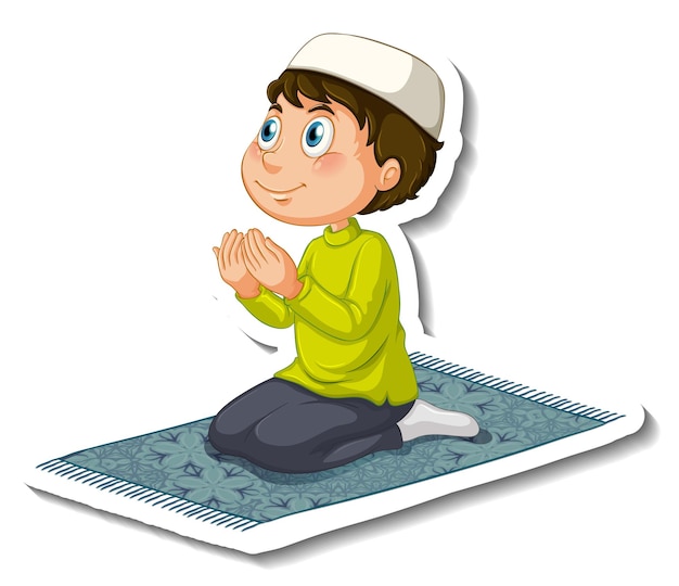 Free Vector sticker template with a muslim boy in praying position isolated