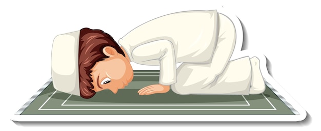 Free Vector a sticker template with muslim boy sitting on rug and praying