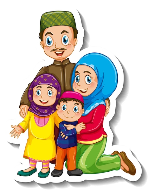 Sticker template with Muslim family cartoon character