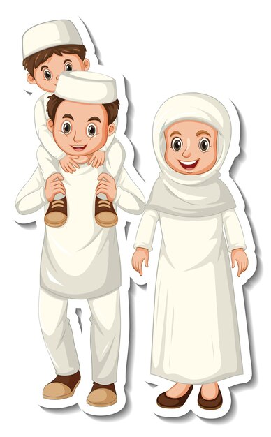 Sticker template with Muslim family cartoon character