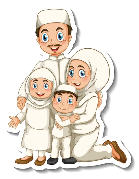 Sticker template with Muslim family cartoon character