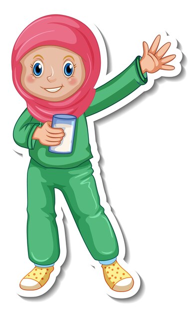 A sticker template with muslim girl in pajamas costume