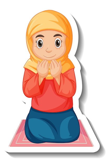 A sticker template with Muslim girl sitting on rug and praying