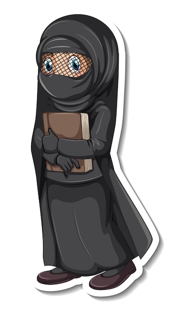 Free Vector a sticker template with a muslim girl wearing black hijab and costume