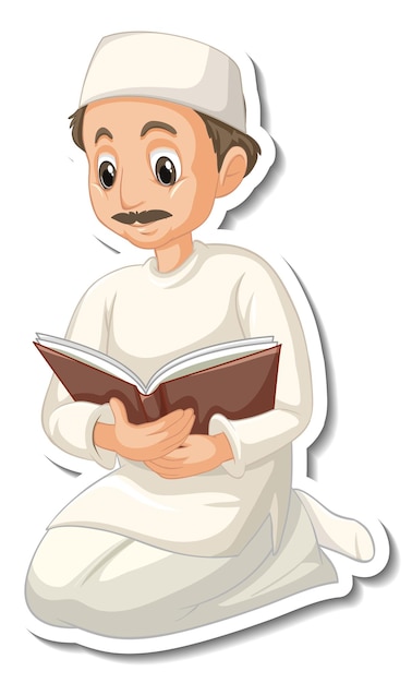 Free vector a sticker template with muslim man reading quran book