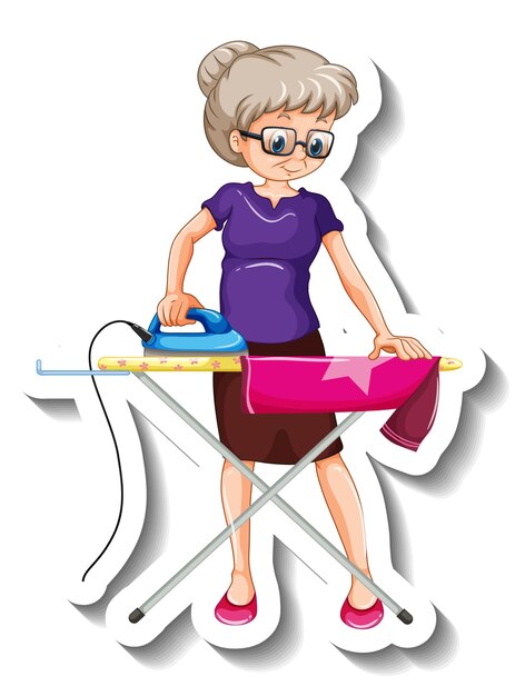 A sticker template with an old woman ironing shirt cartoon character