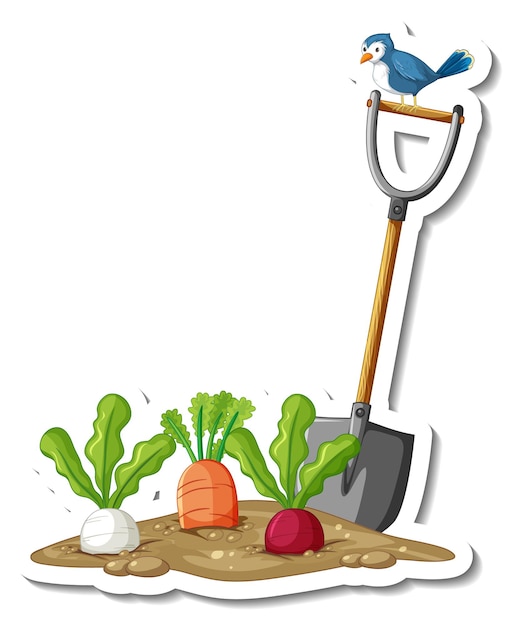 Sticker template with root vegetables and shovel isolated