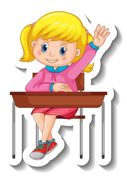 Sticker template with a student girl cartoon character isolated