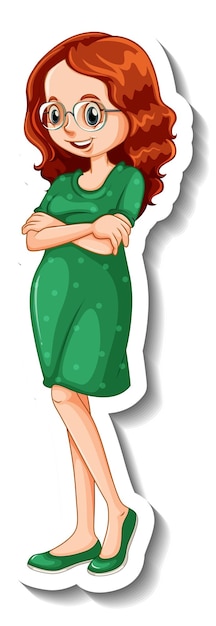 Free Vector a sticker template with a woman wearing green dress in standing pose