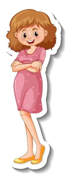 Free Vector a sticker template with a woman wearing pink dress in standing pose