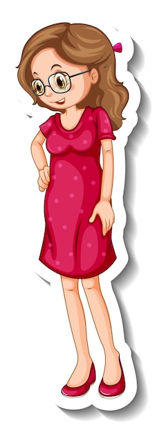 Free vector a sticker template with a woman wearing red dress in standing pose