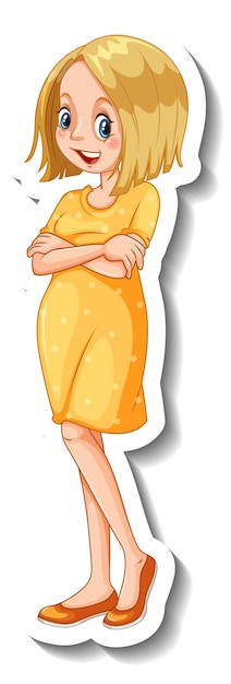 Free Vector a sticker template with a woman wearing yellow dress in standing pose