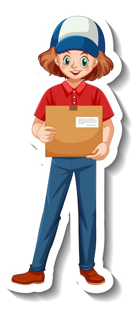 Free vector a sticker with delivery woman in uniform holding boxes