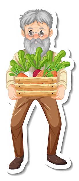 Free Vector sticker with a gardener old man holds vegetable box isolated