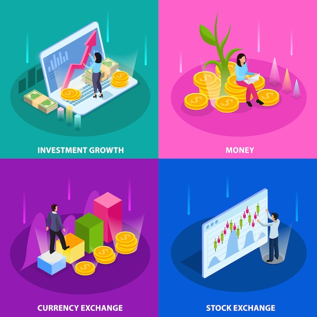 Stock exchange isometric icon set with investment growth money currency and stock exchange descriptions illustration