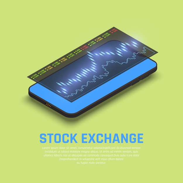 Stock exchange smartphone display with real time financial market information for funds investors isometric composition