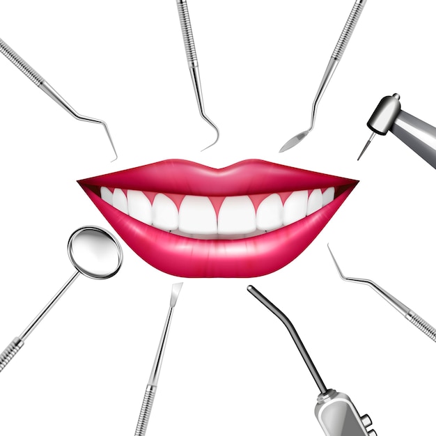 Free Vector stomatology dentist smile realistic composition with images of smiling human mouth surrounded by manual dental tools illustration