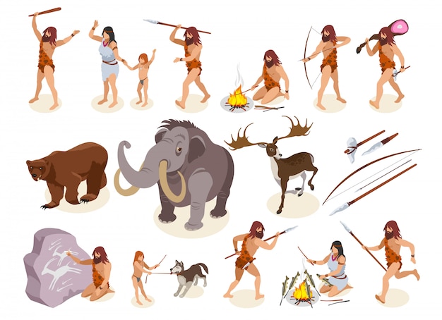 Stone age isometric icons set with hunting and cooking food  symbols isolated 