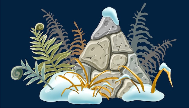 Stone board with snowdrifts, grass, fern.