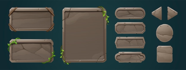 Free Vector stone game menu boards with vines and lianas set