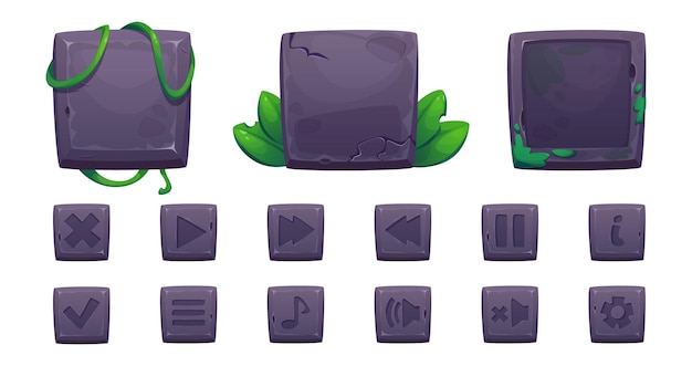 Free Vector stone game ui elements with jungle plant