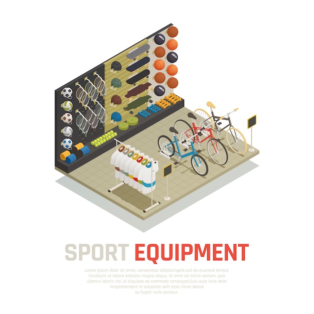 Stop shelves with sport equipment tennis racket skateboards mats for yoga and bicycles isometric composition