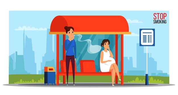 Stop smoking banner template pregnant woman angry with girl smoking at bus stop Smoker threatening future child health anti nicotine addiction poster design layout