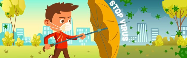 Stop virus banner with boy in mask holding umbrella for protects from covid