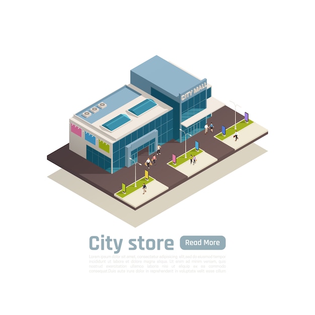 Store mall shopping center isometric composition banner with top view building and lawn vector illustration