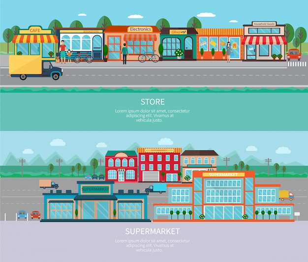 Store and supermarket buildings with road and parking horizontal banners set 