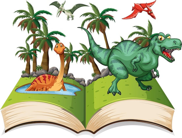 Free Vector storybook with dinosaurs in jungle