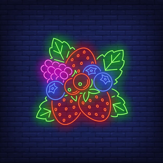 Strawberries, blueberries, red currants and raspberry neon sign.