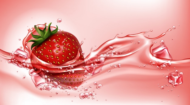 Strawberry with juice flowing splash, realistic