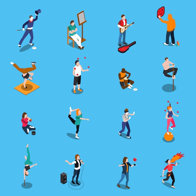 Free Vector street artists isometric set