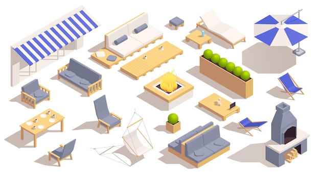 Free Vector street cafe isometric icons set with outdoor furniture items isolated vector illustration