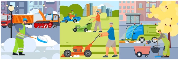 Street cleaning set of three square illustration