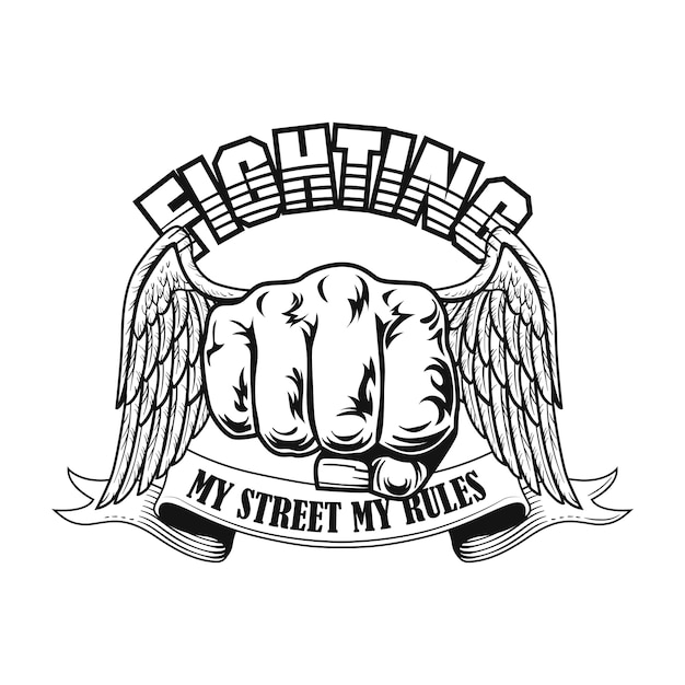 Free vector street fighter emblem vector illustration. fists with wings, text on ribbon