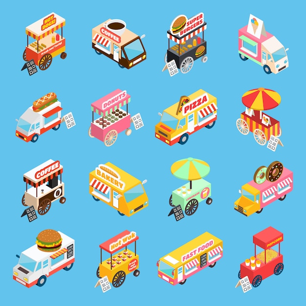 Free Vector street food carts isometric icons set 