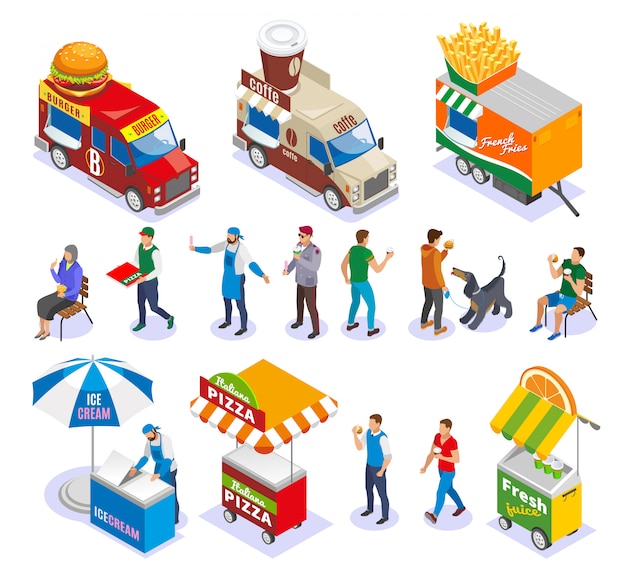 Free Vector street food carts and vehicles sellers and customers set of isometric icons