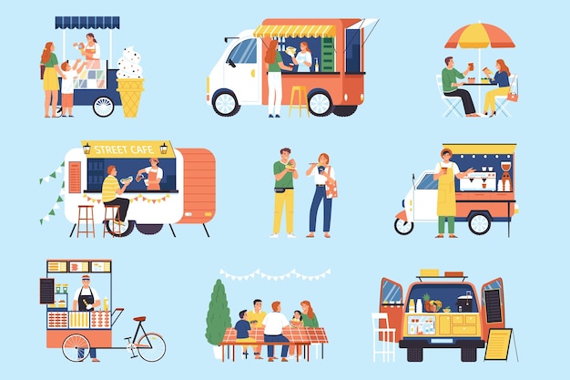 Free Vector street food color set with isolated compositions of ice cream stalls trucks and trailers selling food vector illustration