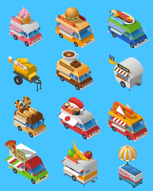 Free Vector street food trucks isometric icons set