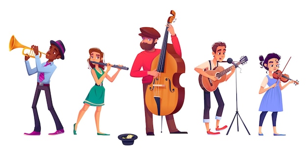 Street music band performing isolated on white background Vector cartoon illustration of young men and women playing trumpet flute double bass guitar violin singing song to raise money in hat