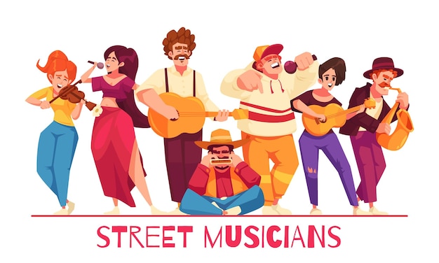 Free Vector street musicians cartoon concept with people singing and playing musical instruments vector illustration