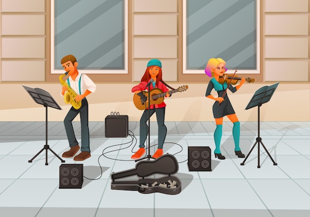 Free Vector street performer artist musician dancer cartoon composition with street pavement scenery and musicians playing music instruments vector illustration