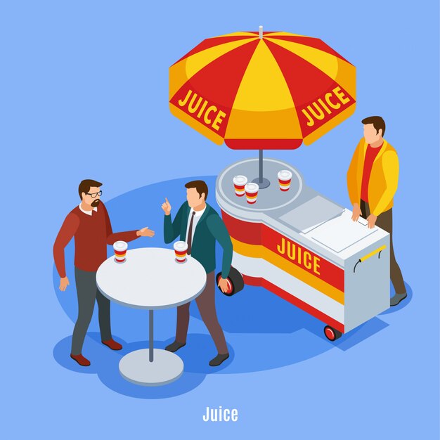 Street vending isometric with stall under umbrella and two talking people drinking juice outdoors vector illustration