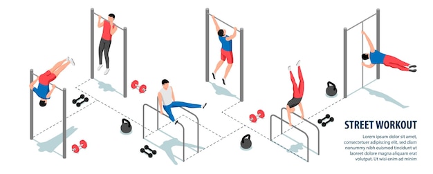 Free Vector street workout infographics with sports equipment and men doing exercises on bars 3d isometric vector illustration