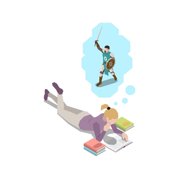 Free Vector stress management isometric composition with lying girl reading book thinking of medieval warrior  illustration